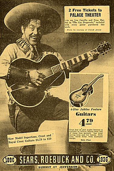 The way the ad reads, “photo courtesy of United Artists”, I wonder if Leo Carrillo even knew he was endorsing guitars for Sears, Roebuck and Co. This ad dated 12/2/36. 