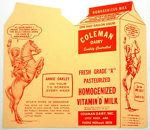 Coleman Dairy in Gail Davis’ hometown of Little Rock was one of the sponsors of her “Annie Oakley” TV Western.