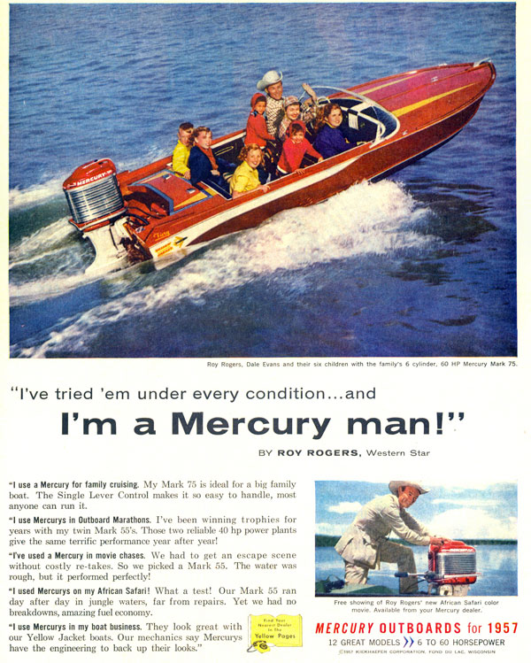 Roy takes Dale and their six kids for a ride in one of his Yellowjacket boats using a Mercury outboard motor in 1957. 