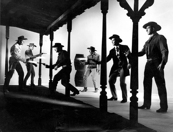 Talk about a gathering of guns! Magnificent TV Western round-up with (L-R) Clint Walker (“Cheyenne”), James Arness (“Gunsmoke”), Richard Boone (“Have Gun Will Travel”), Robert Horton (“Wagon Train”), James Garner (“Maverick”), John Payne (“Restless Gun”). 