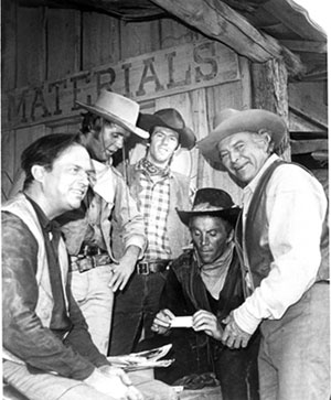 Ralph Meeker (left) guested on “High Chaparral: The Pride of Revenge” (‘67). (L-R) Meeker, Mark Slade, stuntman Neil Summers, Cameron Mitchell, Leif Erickson.