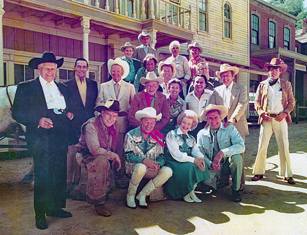 A great gathering of guns...(top row L-R) Pat Buttram, Guy Madison, John Hart, John Pickard. (second row L-R) Andy Devine, John Russell, Rex Allen, Don Barry, unknown above Barry, John Smith, Peggy Stewart, Pedro Gonzales Gonzales, Rand Brooks, Will Hutchins. (kneeling L-R) unknown, Roy Rogers, Dale Evans, Jock Mahoney. 