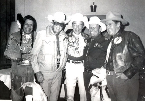 Iron Eyes Cody, Clayton Moore, Roy Rogers, Gene Autry, Pat Buttram at the 1981 Hollywood Christmas Parade on November 29.