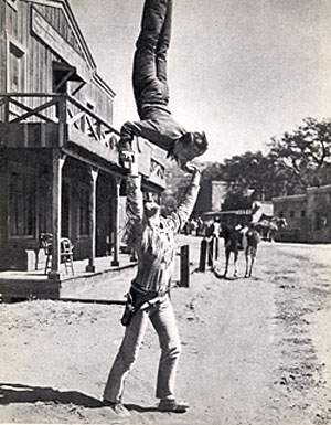 Jocko and Dickie clowning around inbetween shots while filming “Range Rider”. Both Jock and Dickie, with rare exception, did all their own stunts on the series. 