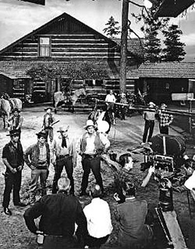 Setting up for a scene...Pernell Roberts, Michael Landon, Lorne Greene, Dan Blocker.