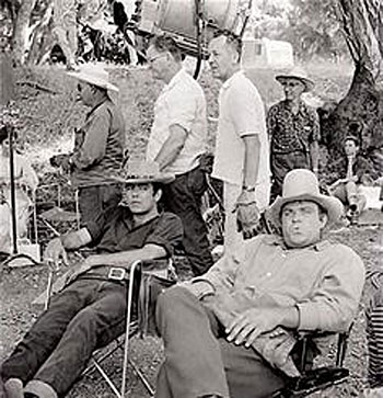 Waiting for the next shot...Pernell Roberts and Dan Blocker.