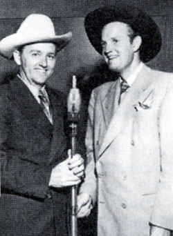 Foy Willing (of The Riders of the Purple Sage) shares a microphone with 
Monogram star Jimmy Wakely. 