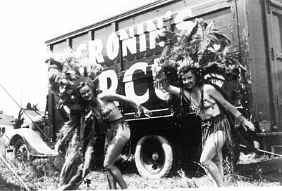 B-Western leading ladies Evelyn Finley (left) and Betty Miles in 1945 while performing a trick horse riding act for S. L. Cronin’s Circus which only operated from ‘44 to ‘45. 