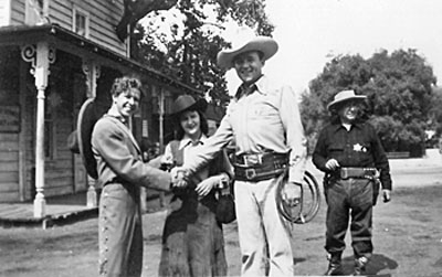 At the Monogram Ranch in 1949 (L-R) actor Conrad Brooks of “Plan Nine from Outer Space” fame, Monica Wilson, Whip Wilson and unknown man in background. (Thanx to John Antosiewicz and Tom Weaver.) 