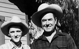 At the Monogram Ranch in 1949, Joe Brooks (brother of Conrad) 
with Johnny Mack Brown. (Thanx to John Antosiewicz and Tom Weaver.) 