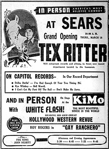 Newspaper ad for Tex Ritter personal appearance March 17, 1948 Albuquerque, New Mexico. 