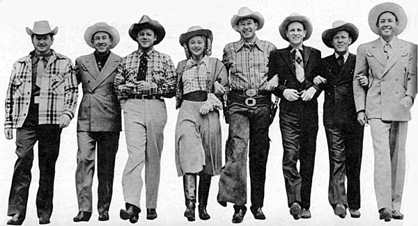 Bill Elliott and Vera Ralston (center) along with the Sons of the Pioneers (L-R) Pat Brady, Hugh Farr, Bob Nolan, Lloyd Perryman, Tim Spencer and Karl Farr were in Cheyenne, Wyoming in 1947 to promote Elliott's Republic film “Wyoming”.