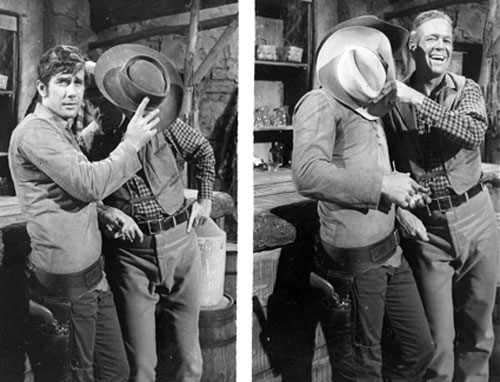 Robert Fuller and Dan Duryea clown it up on the set of “Laramie”. 