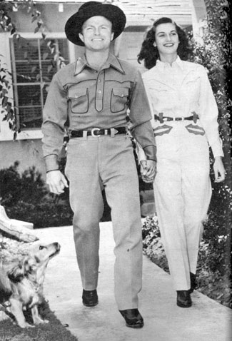 Don and wife Peggy Stewart in 1942. They’d been married about a year. Seen here taking their Spaniel Sir Talleywacker for a walk in front of their San Fernando Valley home.
