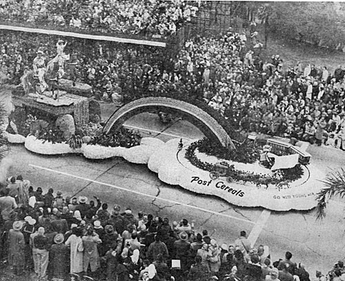 Roy and Dale alongside flower replicas of Trigger and Buttermilk on the Post Cereals Go West Young Man float at an annual New Year’s Day Tournament of Roses Parade in Pasadena, CA. 