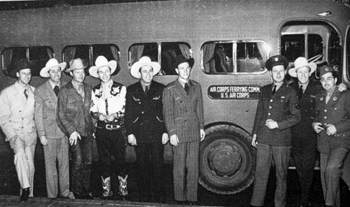 Roy Rogers and the Sons of the Pioneers during a 1943 Army camp tour through Texas, under the sponsorship of the 8th Service Command of the Southwest, the State of Texas, Interstate Theater Circuit, Theater Owners of Texas and Republic Pictures. Roy and the Pioneers gave 136 performances gratis in 20 days for thousands of troops in Houston, San Antonio, Austin, Temple, Waco, Dallas, Fort Worth, Wichita Falls and Amarillo. An exhausted Rogers developed strep throat that put him in the hospital in Amarillo and left him forever susceptible to colds. 