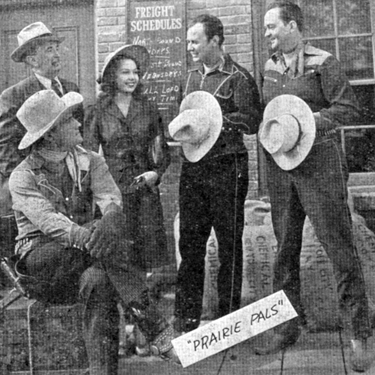 (L-R) Jack Holmes, Lee Powell, Esther Estrella, Art Davis, Bill Boyd in a scene from “Prairie Pals” (‘42 PRC). 