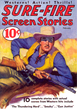 Randolph Scott in “The Thundering Herd” on the cover of SURE-FIRE SCREEN STORIES (February, 1934).