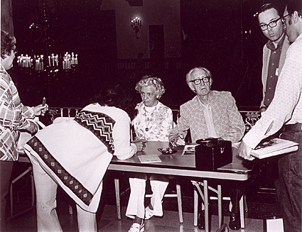 While two autograph seekers speak to Mr. and Mrs. Eddy Waller, WC’s Boyd Magers and another man await their turn at an early Memphis Film Festival. 