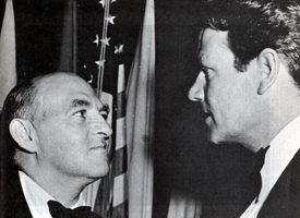 Irascible Columbia head honcho Harry Cohn with Joel McCrea at a Ciro’s party following a benefit. 