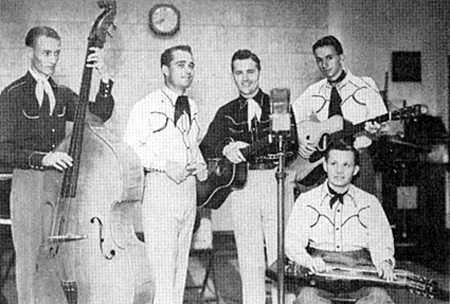 Jimmy Wakely and His Rough Riders in 1939 at WKY, Oklahoma City.
(L-R) Wayne Benson, Scotty Harrel, Wakely, Johnny Bond and Noel Boggs.