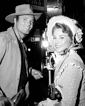 Ty “Bronco” Hardin and Andra Martin take a break from filming “Bronco: Borrowed Glory” in 1959. (Thanx to Terry Cutts.) 