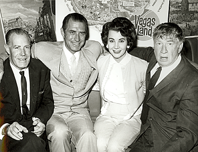 Promo photo for the newly opened Vegas Land in 1963. (L-R) Director Oliver Drake, Jock Mahoney, Dorothy Gibson (Hoot Gibso’s wife), Chill Wills. 