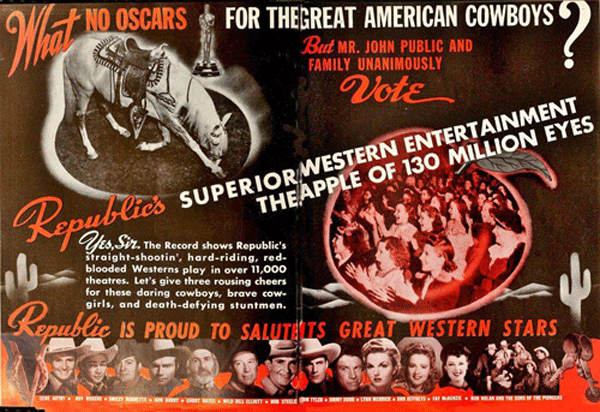 Hollywood tradepaper ad. At the bottom L-R: Gene Autry, Roy Rogers, Smiley Burnette, Don Barry, Gabby Hayes, Bill Elliott, Bob Steele, Tom Tyler, Jimmie Dodd, Lynn Merick, Ann Jeffreys, Fay Mckenzie and the Sons of the Pioneers. (Thanx to Billy Holcomb.) 