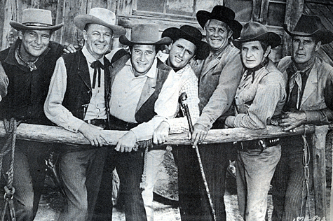 Publicity pose while making Dan Rowan and Dick Martin's "Once Upon a Horse" in 1958. (L-R) Leif Erickson, Tom Keene, Dan Rowan, Dick Martin, Bob Livingston, Bob Steele and Kermit Maynard. 