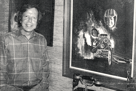 TV Tommy Ivo in November 1987 beside a painting of the explosion that broke his back in 1982. Tommy rode with the Durango Kid, Monte Hale and Gene Autry in several B-Westerns. 