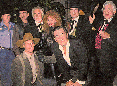 A Best of the West at a cast party for "The Gambler Returns: Luck of the Draw" TV movie. (Top row L-R ) David Carradine, James Drury, Kenny Rogers, Reba McEntire, Hugh O'Brian and Gene Barry. (Bottom) Rick Rossovich and Jack Kelly. 