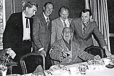 B-Western stars saluted by the Hollywood Press Club in 1971. (L-R) Lash LaRue, Eddie Dean, Don "Red" Barry, Jimmy Wakely. Ken Maynard is seated.