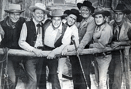 Publicity photo for Universal's "Once Upon a Horse". (L-R) Lief Erickson, Tom Keene, stars of the comedy movie Dan Rowan and Dick Martin, Bob Livingston, Bob Steele, Kermit Maynard. 