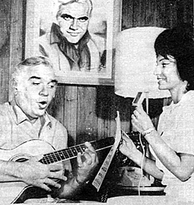 "Bonanza" star Lorne Greene makes a home recording with the help of wife Nancy in the early '70s. 