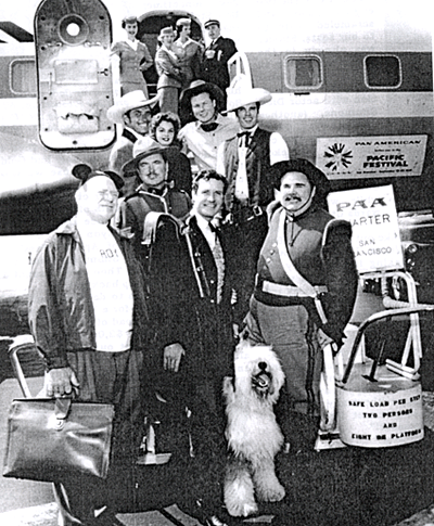 Publicity group for "The Shaggy Dog" ('59). (Top Row L-R) Jock Mahoney, Mouseketeer Doreen Tracy, John Smith, Tom Tryon. (Center) Richard Simmons.
(Standing) Mouseketeer Roy Williams, Hugh O'Brian, Henry Calvin. 