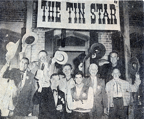 Young Anthony Perkins, co-star of "The Tin Star" ('57), joins a group of B-Western stars at a reunion at Paramount Studios. (L-R) Ken Maynard, Tom Keene, Rex Lease, Bob Steele, Perkins, Hoot Gibson, Big Boy Williams and Raymond Hatton. 