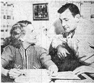 Buck Jones and his production manager Irene Schreck go over some expenses in March 1937. Schreck came to Hollywood in 1915 and started as one of D. W. Griffith’s stenographers. She later worked as secretary to the studio manager of the old Metro lot and helped design scenery for Stan Laurel comedies at Universal. She started as Buck’s production manager in 1934. 