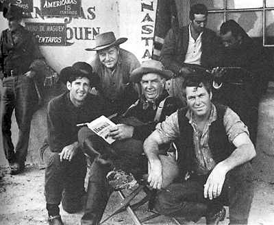Montie Montana (leaning against the wall), stuntman Dean Smith, stuntman Red Morgan, Andy Devine, stuntman Chuck Roberson on the set of "Two Rode Together" in 1960.