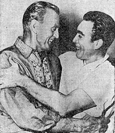 Gary Cooper and Anthony Quinn congratulate one another after learning they had both won Oscars at the 25th annual Academy of Motion Picture Arts and Sciences awards in Hollywood in 1953. Cooper won Best Actor for "High Noon" and Anthony Quinn won Best Supporting Actor for "Viva Zapata".