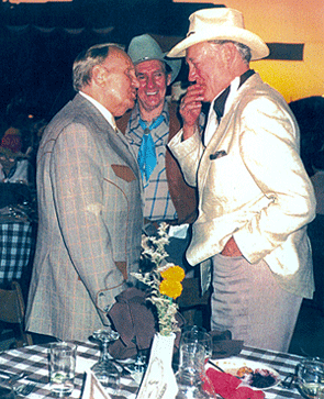 Gene Autry, Charles Starrett and Pat Buttram share a laugh 
at a Hollywood charity event. (Thanx to John Buttram.)