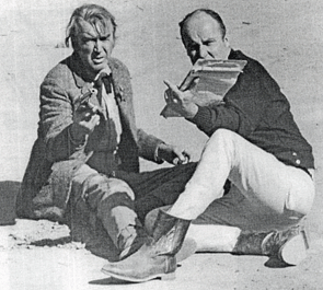 James Stewart as a reluctant farmer-sheriff takes pointers from director Vincent McEveety on the Sedona, AZ, set of "Firecreek".