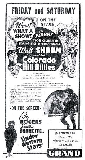 Wlat Shrum and his Colorado Hill Billies in person at the Grand theater in Mankato, Minnesota, September 6, 1938.