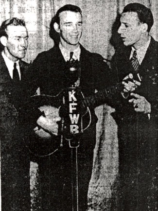 Tim Spencer, Roy Rogers and Bob Nolan on KFWB radio, Los Angeles. This photo from January 31, 1934, was when the trio performed for a Hollywood Chamber of Commerce luncheon at the famous Pig ‘n’ Whistle Cafe. 