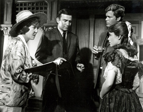 Director Ida Lupino has a script conference with “The Virginian” stars James Drury and Doug McClure along with guest star Alice Rawlings for the “Dead Eye Dick” episode of June ‘66.