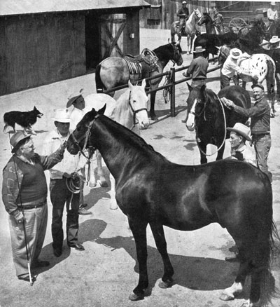 A rare photo of Clarence “Fat” Jones (left) at his Hollywood horse stables on Sherman Way in North Hollywood. Jones founded the stable originally in Edendale (now Silverlake) in 1912 and rented horses to movie companies for 51 years. (Photo courtesy Kenneth Kitchen.)