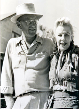 Alice Van (Springsteen), ready to double Gail Davis as “Annie Oakley”, paused to take a photo with noted cinematographer Bill Bradford, who worked tirelessly for Gene Autry’s Flying A Productions. Alice was married to noted director R. G. Springsteen.