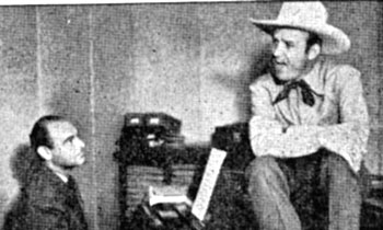 Gene Autry with lyricist and comedy writer Eddie Cherkose. Cherkose, born May 25, 1912, in Detroit, came to Hollywood writing comedy for radio and by 1937 was steadily employed writing music and lyrics at Republic. He wrote many songs for Gene’s pictures. During his career he also wrote gags for Abbott and Costello, Olsen and Johnson, Spike Jones, The Ritz Brothers and Charlie McCarthy. He died at 87 in 1999.