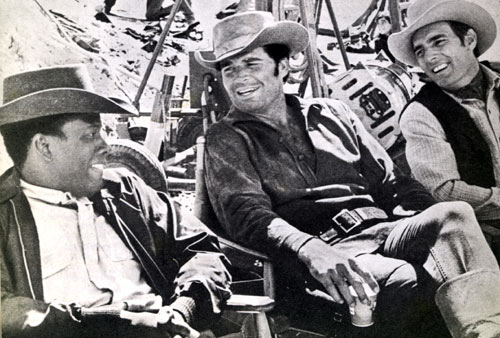 Sidney Poitier, James Garner and Dennis Weaver relax between scenes of "Duel at Diablo" ('66).