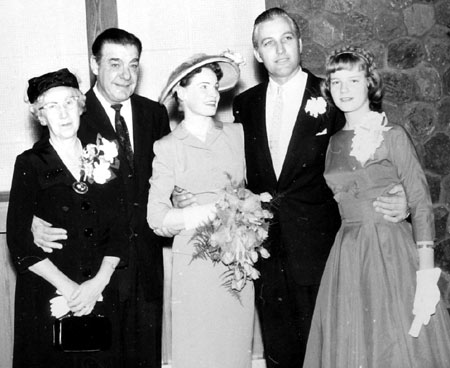 A wedding day photo for John and Beryl Hart in February 1957. Shown here with (L-R) John's mother Enid, Lon Chaney Jr. and Beryl's 14 year old sister Shari. John and Chaney were making "Hawkeye" in Canada at the time. Beryl met John while acting on an episode of the series. (Thanx to Tom Weaver.)