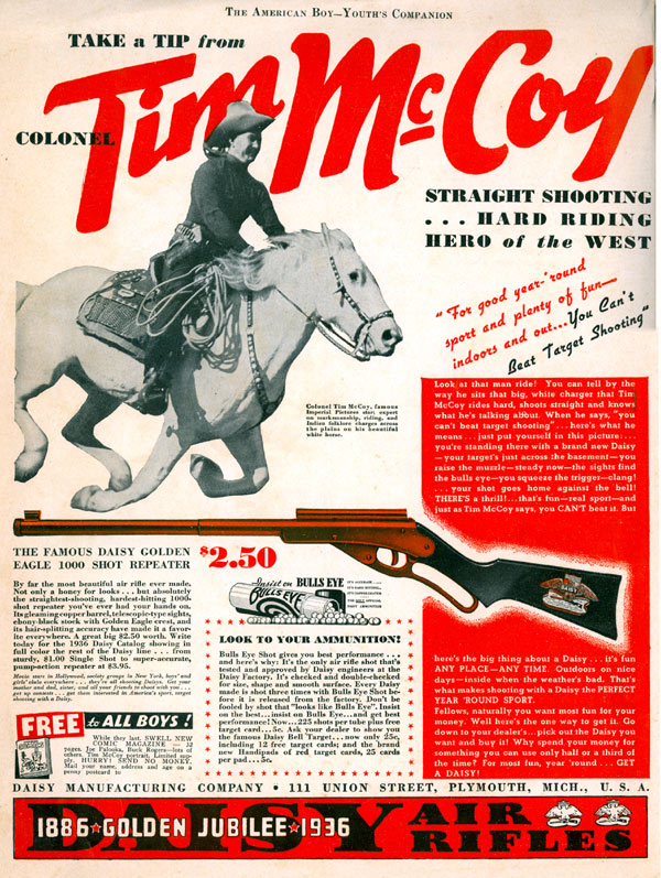 Terrific 1936 ad in THE AMERICAN BOY for the Daisy Golden Eagle 1000 shot repeater air rifle.